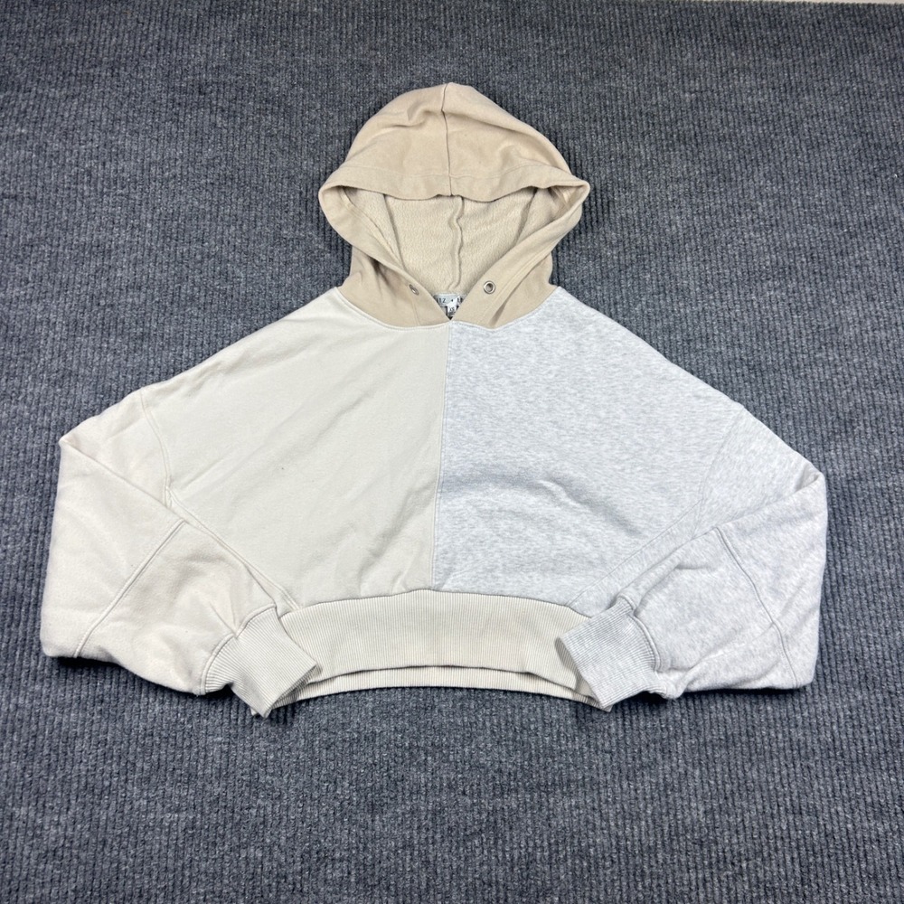 Fitz + Eddi Hoodie XS Womens Colorblock Cropped Hoodie Sweatshirt Beige Gray XS